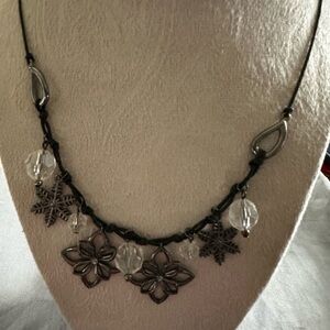 Boho Silver Floral & Snowflake Pendant Necklace - Black Cord